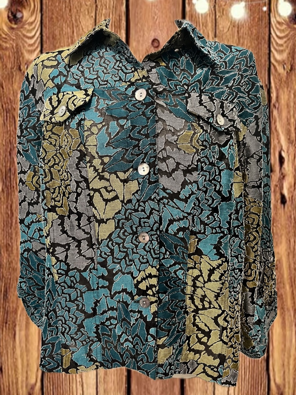 Ruby Rd. Floral Button-Down Shirt in Teal, Olive & Gray